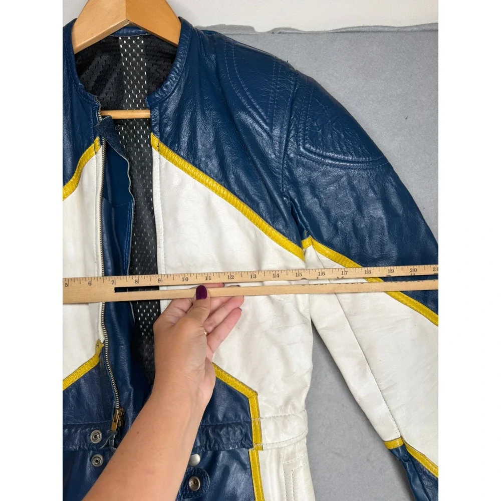 Vintage Leather Motorcycle Racing Suit Blue White Yellow handmade Jumpsuit